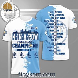 Man City 4-Time In A Row PL Champions Tshirt, Hoodie – Team Roster On The Back