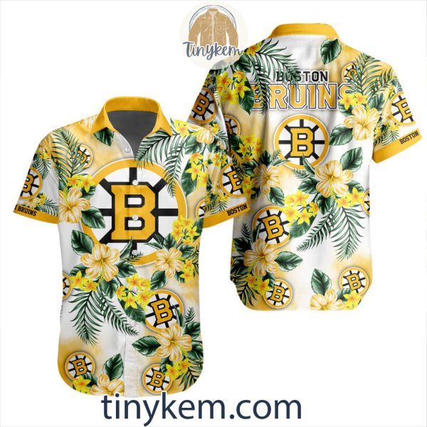 Boston Bruins Hawaiian Button Shirt With Hibiscus Flowers Design