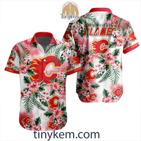 Calgary Flames Hawaiian Button Shirt With Hibiscus Flowers Design