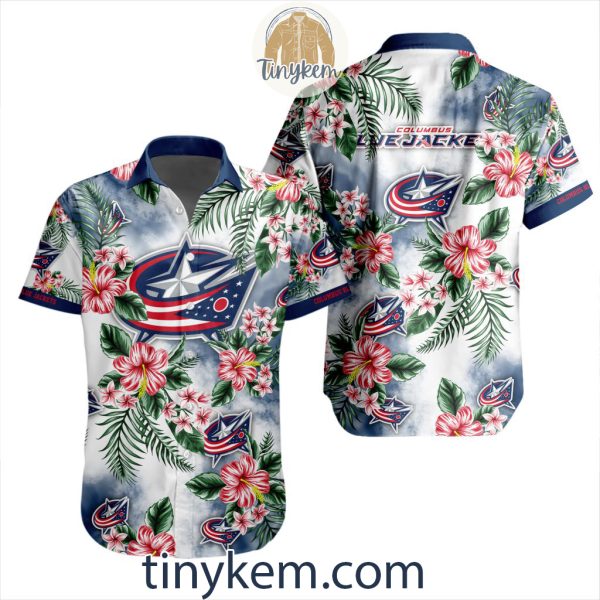 Columbus Blue Jackets Hawaiian Button Shirt With Hibiscus Flowers Design
