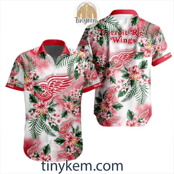 Detroit Red Wings Hawaiian Button Shirt With Hibiscus Flowers Design