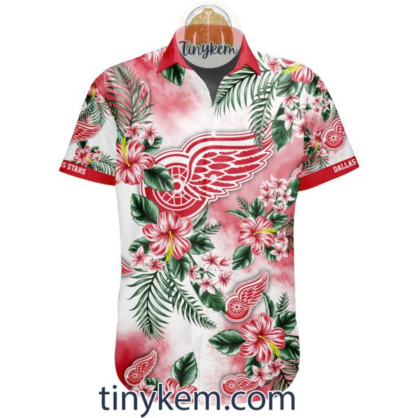 Detroit Red Wings Hawaiian Button Shirt With Hibiscus Flowers Design