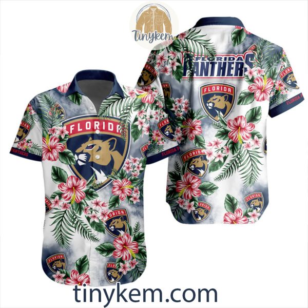 Florida Panthers Hawaiian Button Shirt With Hibiscus Flowers Design