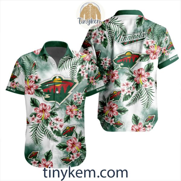 Minnesota Wild Hawaiian Button Shirt With Hibiscus Flowers Design