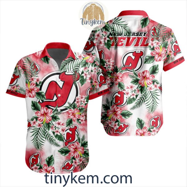 New Jersey Devils Hawaiian Button Shirt With Hibiscus Flowers Design