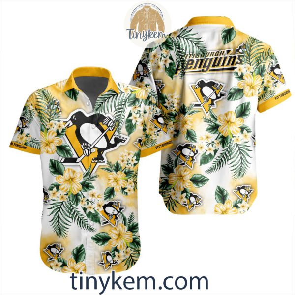 Pittsburgh Penguins Hawaiian Button Shirt With Hibiscus Flowers Design