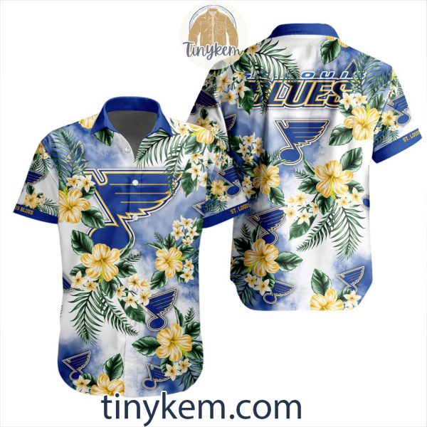 St. Louis Blues Hawaiian Button Shirt With Hibiscus Flowers Design