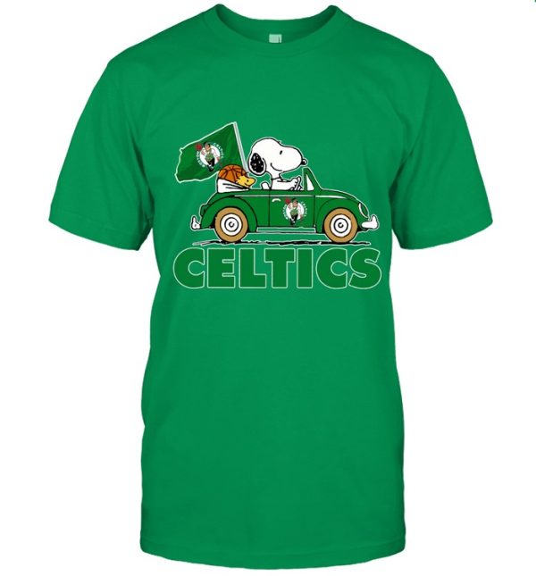 Boston Celtics And Snoopy Drives Car Shirt