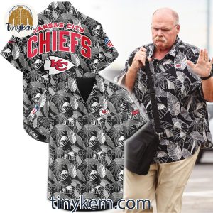 Kansas City Chiefs Black White Tropical Leaves Hawaiian Shirt